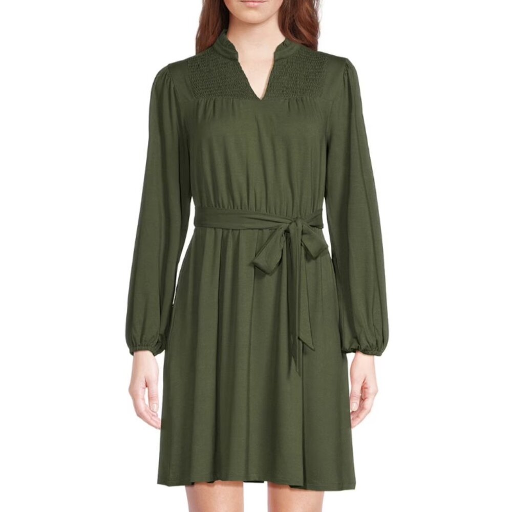 Time and Tru Women Smocked Neck Long Sleeves Olive Green Mini Dress size M MWT